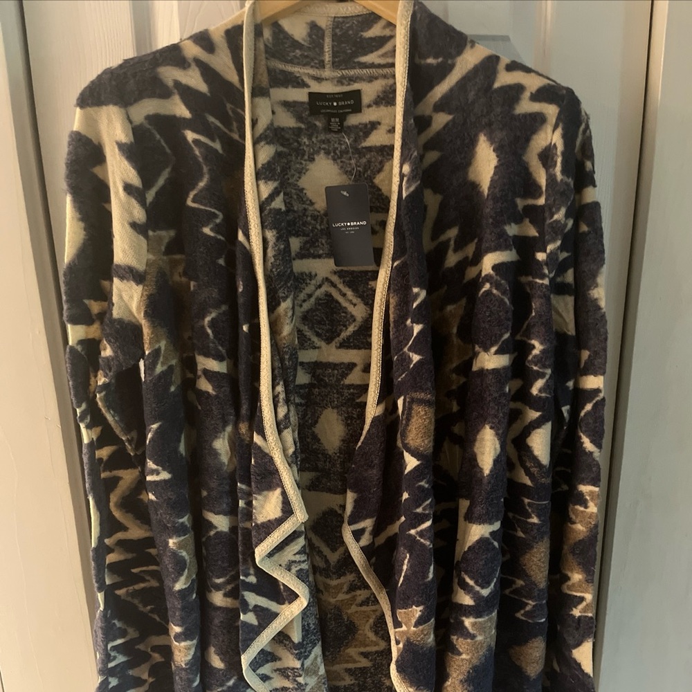 Lucky Brand size medium Aztec open cardigan blue /tan NWT